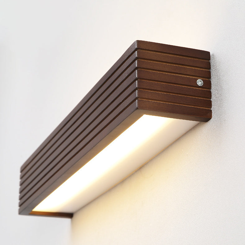 Traditional Chinese Striped Wood Cuboid LED Vanity Mirror Front Wall Sconce Lamp For Bathroom