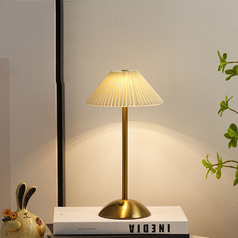 Contemporary Scandinavian Rechargeable Iron Fabric Conic Pleated LED Table Lamp For Bedside