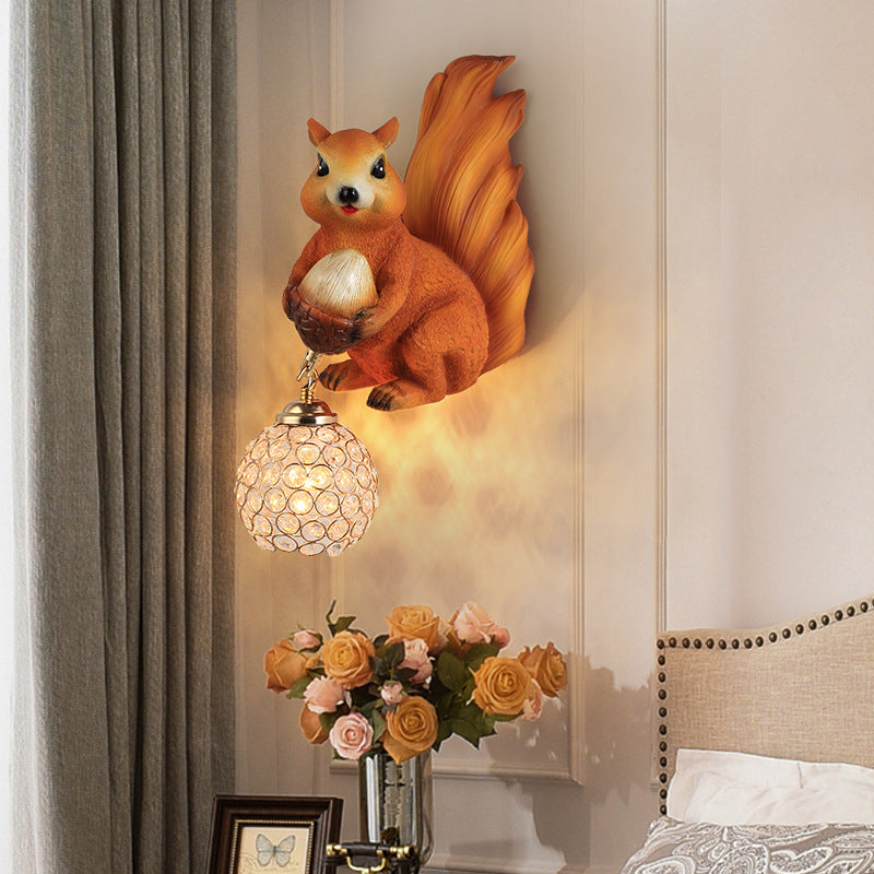 Traditional European Kids Squirrel Ball Crystal Resin 1-Light Wall Sconce Lamp For Bedside