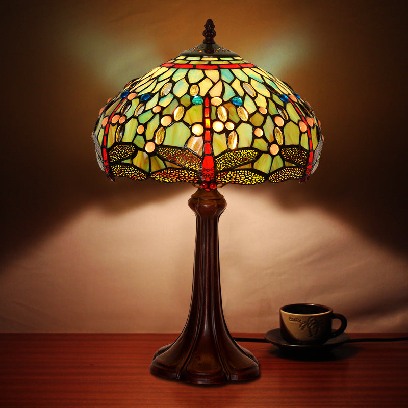 Traditional Tiffany Stained Glass Drum-Shaped Dragonfly 1-Light Table Lamp For Study