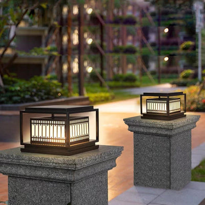 Traditional Chinese Square Stainless Steel Glass 1-Light Post Head Light For Garden