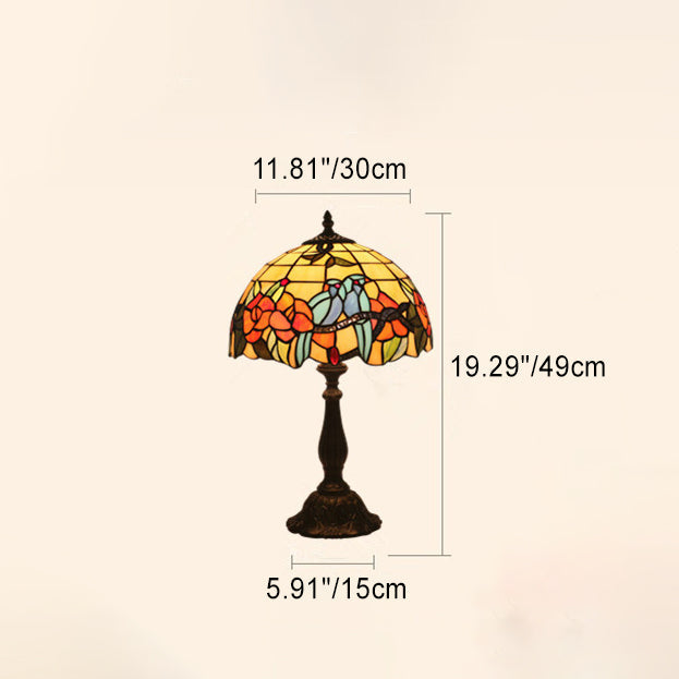 Traditional Tiffany Stained Glass Rose Flower Parrot Dome 1-Light Table Lamp For Bedroom