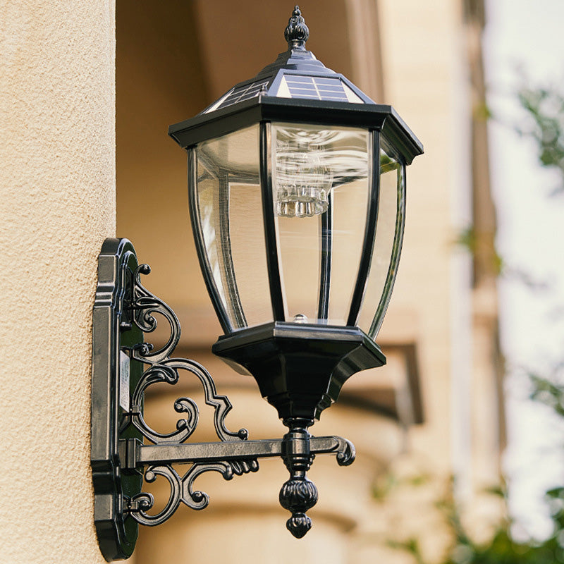 Traditional European Aluminum Glass LED Solar Waterproof Wall Sconce Lamp For Outdoor Patio