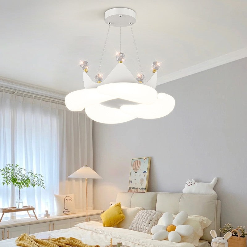 Contemporary Creative Crystal Crown PE Round Shade LED Pendant Light For Bedroom