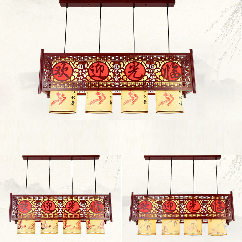 Traditional Chinese Wood PVC Imitation Sheepskin Rectangular Cylinder 4-Light Chandelier For Dining Room