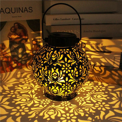 Modern Art Deco Solar Waterproof Hollow Out Blip Round Lantern Iron LED Outdoor Light For Garden