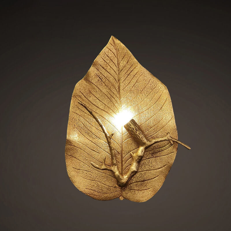 Contemporary Retro Leaf Full Copper 1-Light Wall Sconce Lamp For Living Room