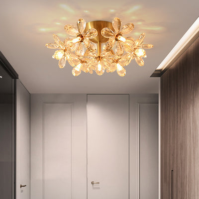 Modern Minimalist Flower Brass Crystal 3/5/6/7 Light Flush Mount Ceiling Light For Living Room