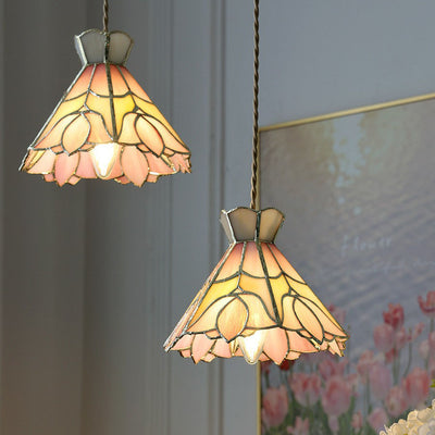 Contemporary Retro Brass Glass Conic Rose Tulip 1-Light Pendant Light For Dining Room