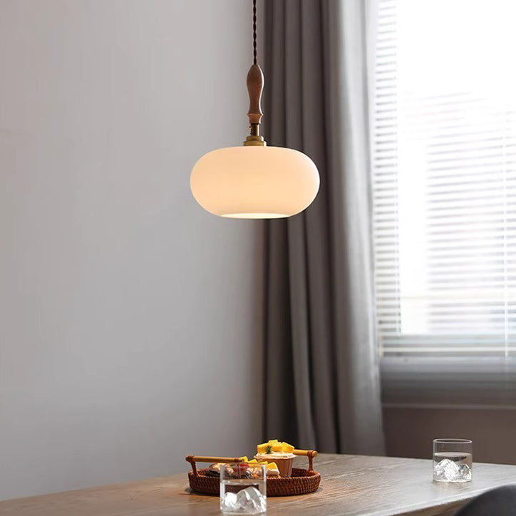 Modern Minimalist Copper Glass Wood Persimmon Shaped 1-Light Pendant Light For Dining Room