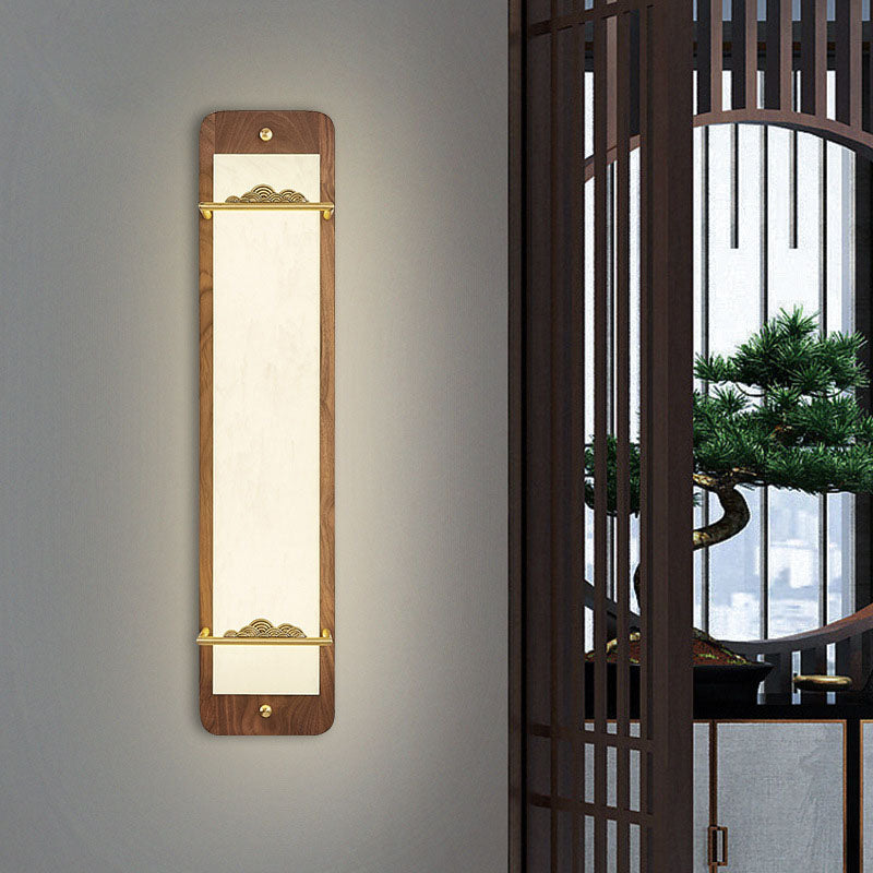 Traditional Chinese Brass Walnut Acrylic Rectangular Cloud LED Wall Sconce Lamp For Bedside