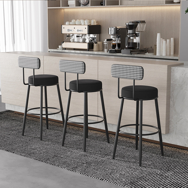 Contemporary Nordic Round Cotton Linen Upholstered Bar Stool Backrest Footrest For Dining Room