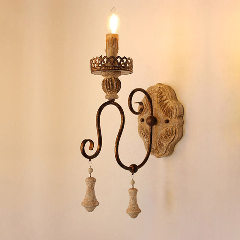 Traditional Rustic Candle-Holder Wooden Iron 1/2 Wall Sconce Lamp For Living Room