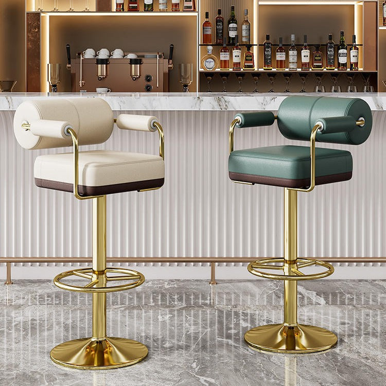 Modern Luxury Square Cylindrical Leather Metal Bar Stool Backrest Armrest For Dining Room