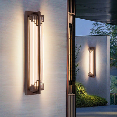 Traditional Chinese Waterproof Rectangular Stainless Steel Glass LED Wall Sconce Lamp For Outdoor Patio