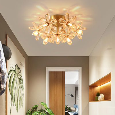 Modern Minimalist Flower Brass Crystal 3/5/6/7 Light Flush Mount Ceiling Light For Living Room