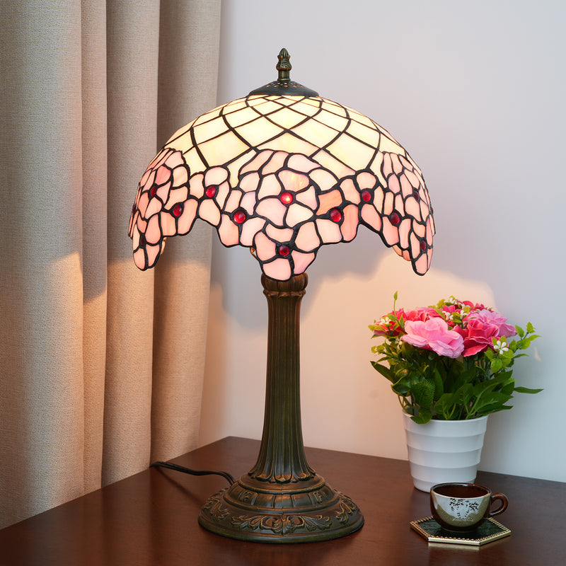 Traditional Tiffany Dome Sakura Aluminium Alloy Glass 1-Light Table Lamp For Bedside