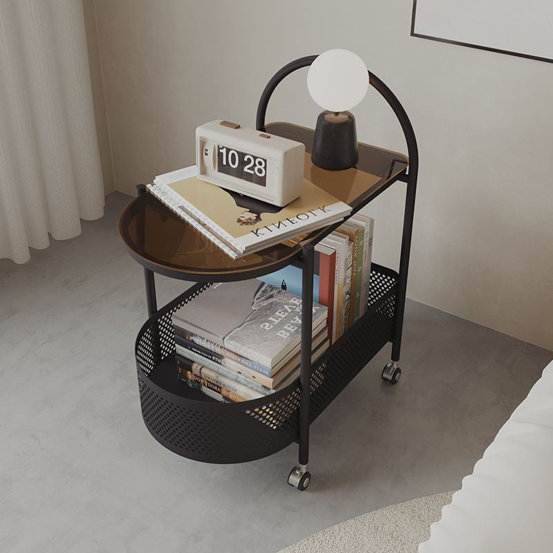 Contemporary Simplicity Round Glass Top Rolling Side Table 2-Tier Storage Iron Basket For Living Room