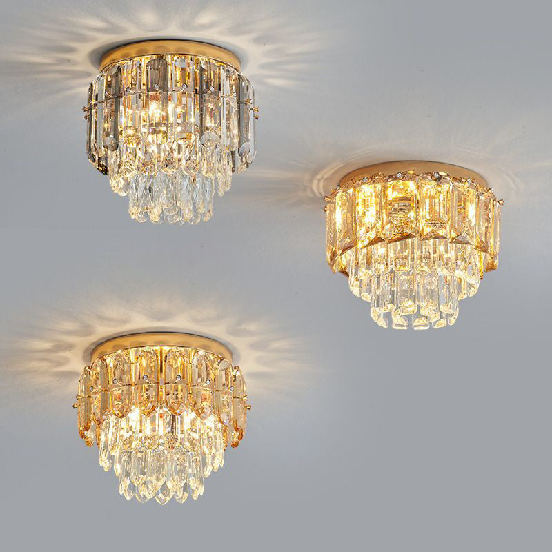 Modern Luxury Art Deco Round Crystal Gold 3-Light Flush Mount Ceiling Light For Hallway