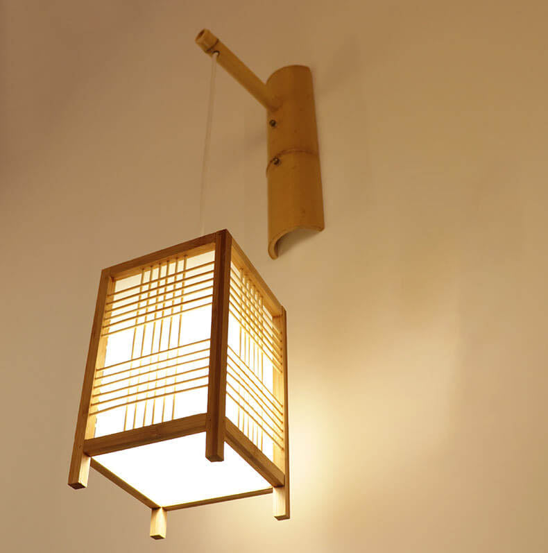 Traditional Japanese Style Bamboo Square 1-Light Wall Sconce Lamp For Living Room