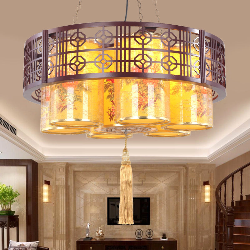 Traditional Chinese Iron Wood PVC Round Cylinder Printed 7/9/11 Light Chandeliers For Dining Room