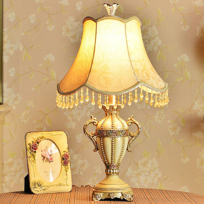 Traditional European Vase Base Round Trapezoidal Iron Resin Fabric 1-Light Table Lamp For Bedroom