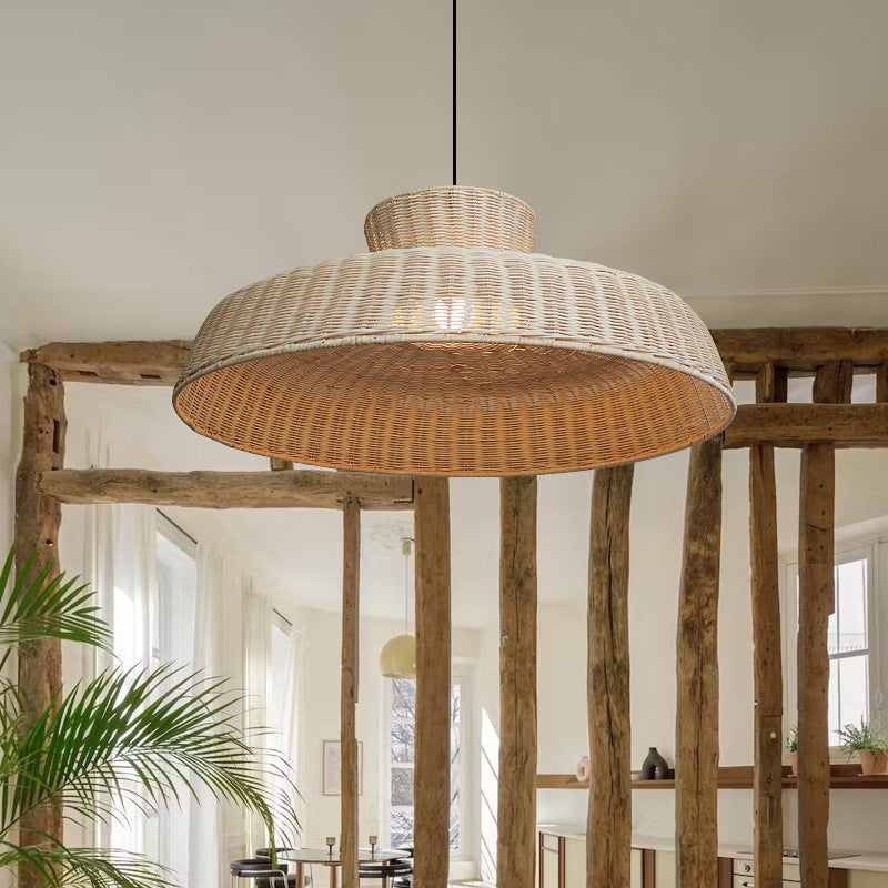 Traditional Rustic Rattan Weaving Hat 1-Light Pendant Light For Dining Room