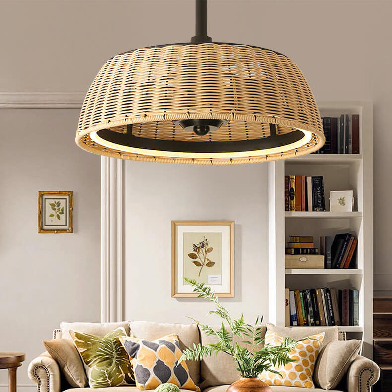 Modern Creative Rattan Weaving Round LED Downrods Ceiling Fan Light