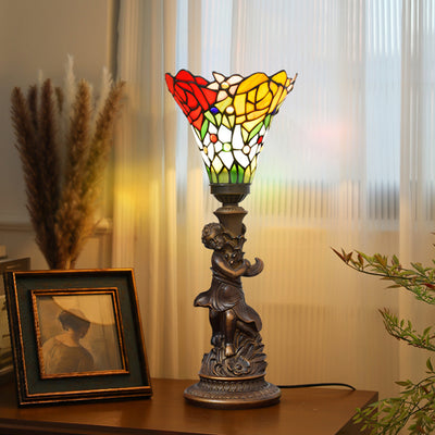 Traditional European Resin Glass Torch Rose Boy 1-Light Table Lamp For Bedroom