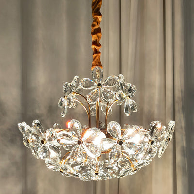 Traditional French Copper Iron Crystal Flower Hemispheric 6/8 Light Chandeliers For Bedroom