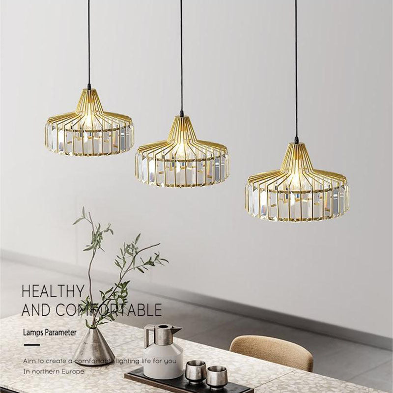 Contemporary Luxury Iron Cylinder Frame Crystal Shade 1-Light Pendant Light For Living Room