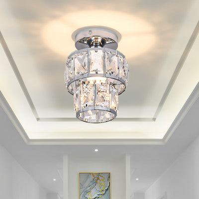 Contemporary Luxury Stainless Steel Frame Double Crystal Rings 1-Light Semi-Flush Mount Ceiling Light For Living Room