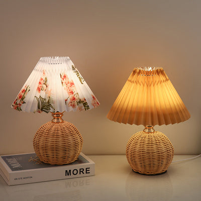 Contemporary Nordic Rattan Fabric Pleated Conic Ball LED Table Lamp For Bedroom