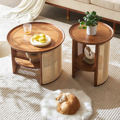 Traditional Japanese Round Rattan Wood Marble Coffee Table 2-Tier For Living Room