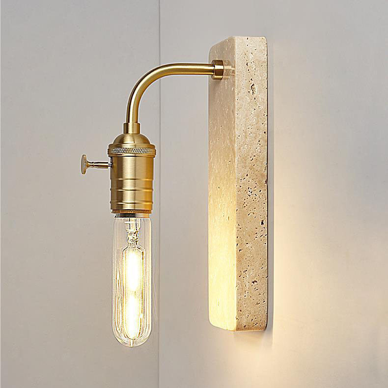 Contemporary Retro Travertine Brass Round 1-Light Wall Sconce Lamp For Bedroom