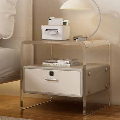 Modern Minimalist Cubic Rectangular Acrylic Wood Metal Nightstand 1-Drawer For Bedside