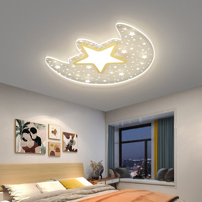 Contemporary Creative Star Moon Aluminium Acrylic LED Flush Mount Ceiling Light For Bedroom