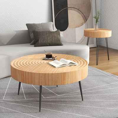 Modern Minimalist Round Annual Wood Stainless Steel Coffee Table For Living Room