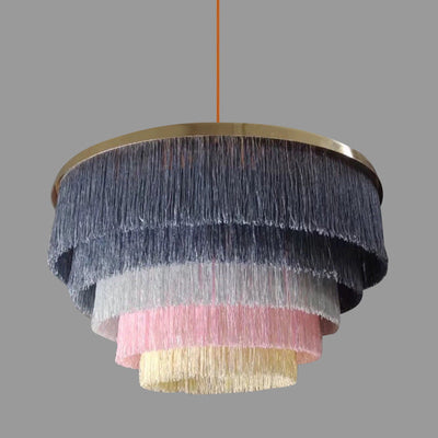 Contemporary Scandinavian Fringe Round Cloth Iron 3-Light Chandelier For Living Room