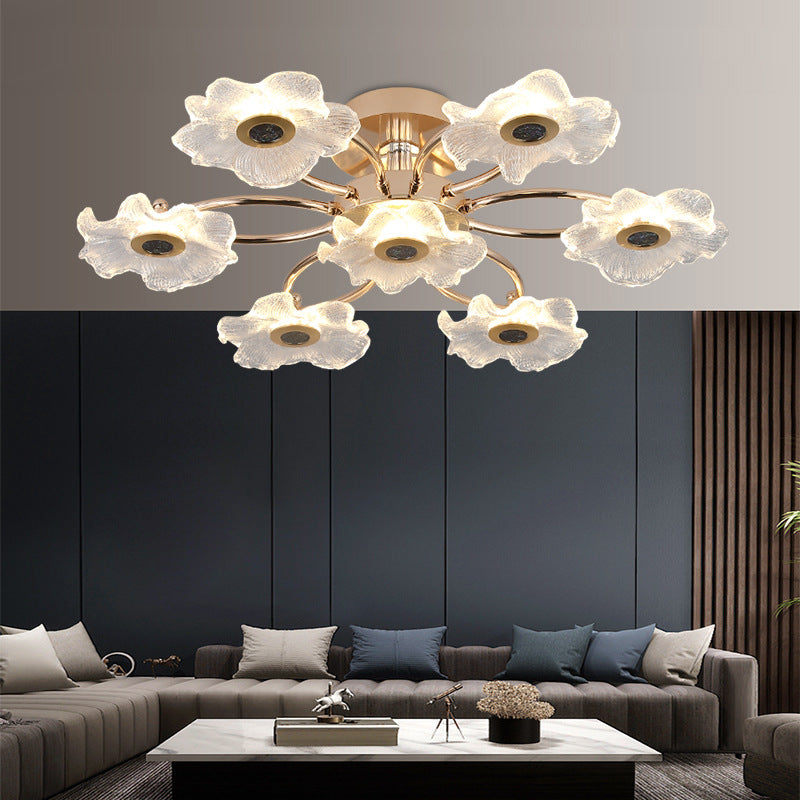 Contemporary Luxury Gold Finish Frame Enamel Bauhinia Glass Shade LED Semi-Flush Mount Ceiling Light For Living Room