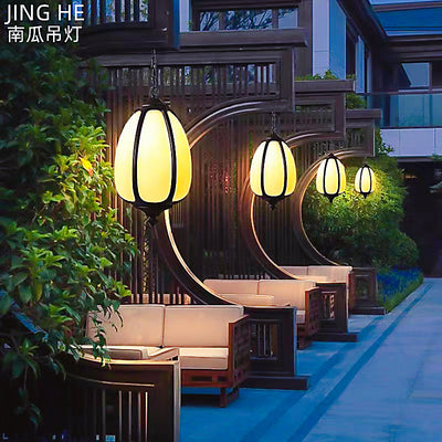 Lampe suspendue traditionnelle chinoise en aluminium imperméable à 1 lumière en forme de citrouille elliptique en dolomite pour patio extérieur 