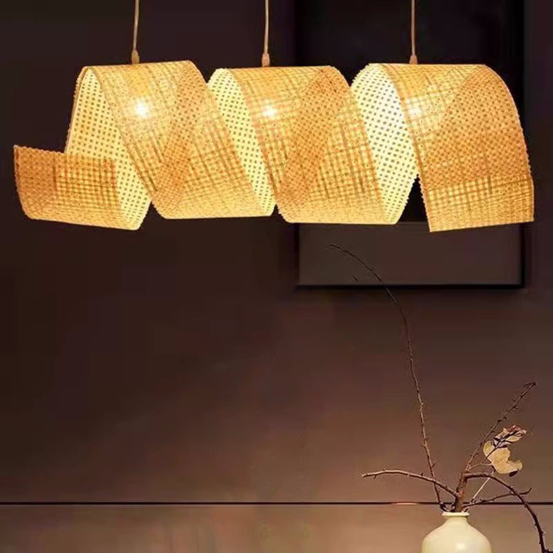 Traditional Japanese Bamboo Weaving Ribbon Shape 2/3-Light Chandelier For Dining Room