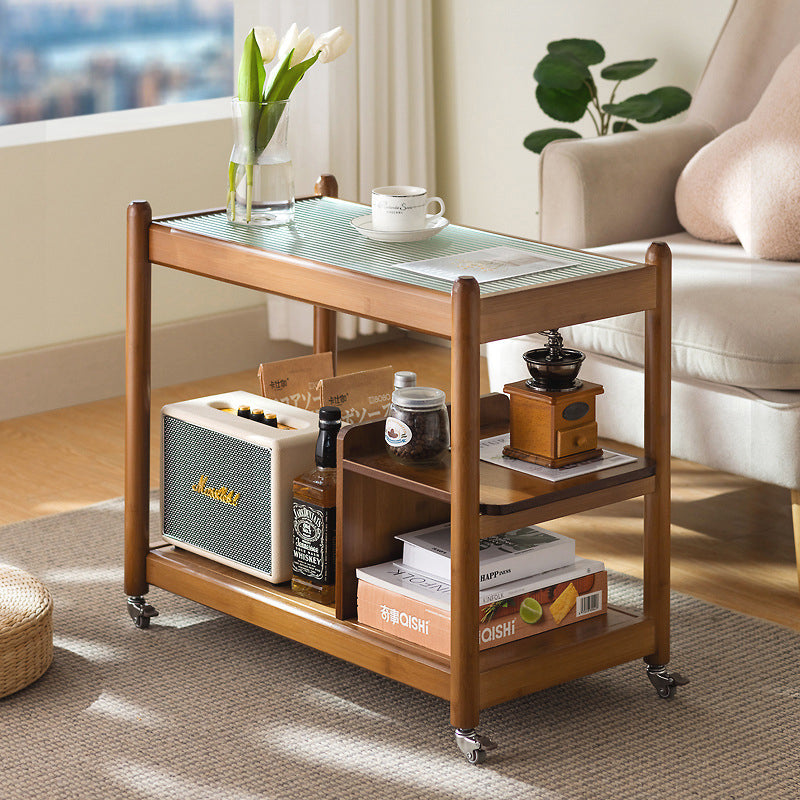 Modern Simplicity Rectangular Glass Top Wood Frame Side Table 2-Tier For Living Room