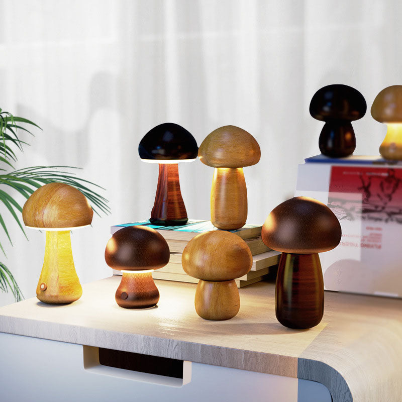 Contemporary Creative Mushroom Rubberwood Beechwood LED Table Lamp For Bedroom