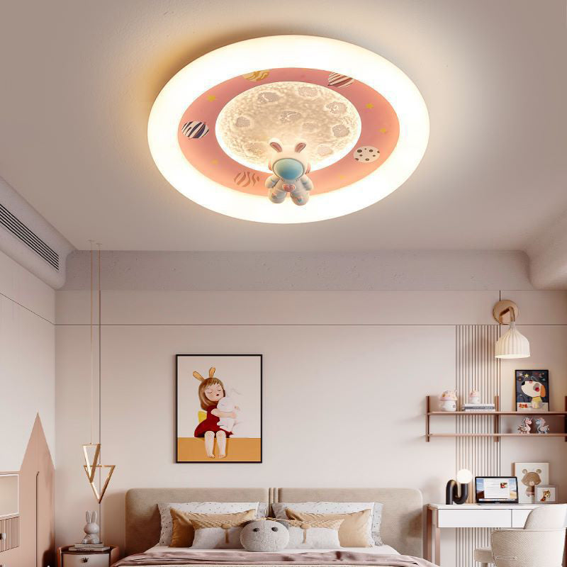 Modern Art Deco Kids Iron Resin Acrylic Round Moon Astronaut LED Flush Mount Ceiling Light For Bedroom