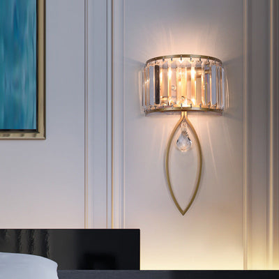 Modern Luxury Half Round Oval Iron Crystal 2-Light Wall Sconce Lamp For Bedroom