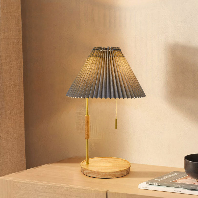 Modern Minimalist Pleated Umbrella Fabric Wood Hardware 1-Light Table Lamp For Bedroom