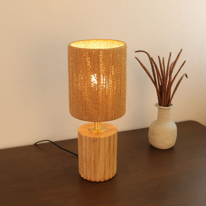 Traditional Japanese Column Wood Paper Rope 1-Light Table Lamp For Living Room