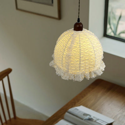 Contemporary Scandinavian Round Ruffle Lace Solid Wood Fabric 1-Light Pendant Light For Living Room