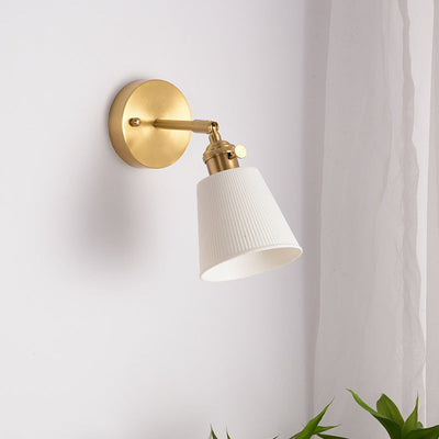 Contemporary Scandinavian Trapezoidal Cup Stripe Ceramic Brass 1-Light Wall Sconce Lamp For Living Room